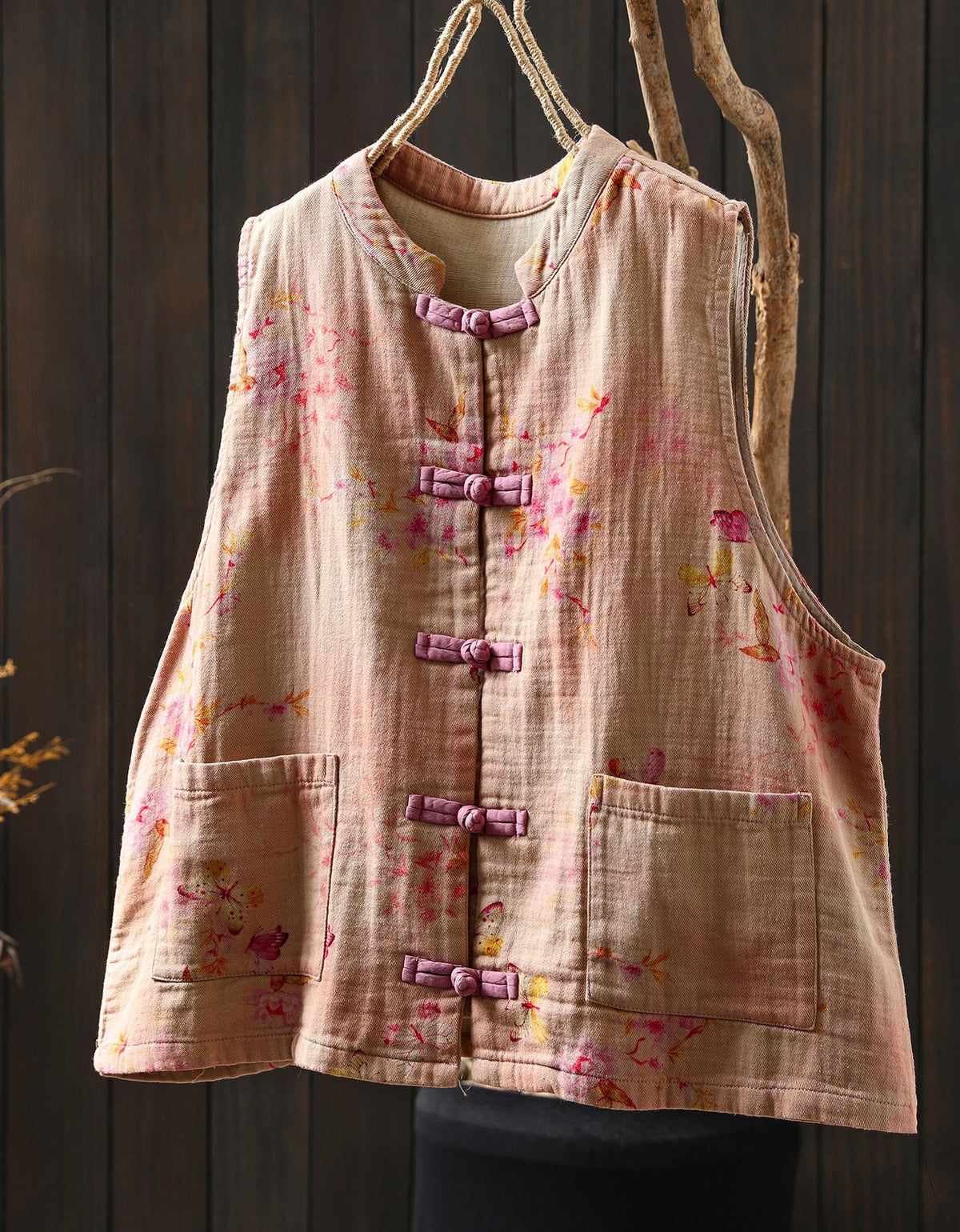 Sleeveless linen cotton vest with floral print front view purple