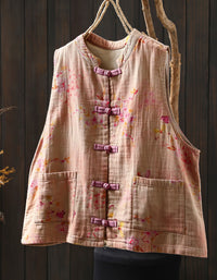 Sleeveless linen cotton vest with floral print front view purple