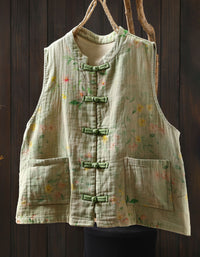 Sleeveless linen cotton vest with floral print front view green