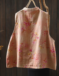 Sleeveless linen cotton vest with floral print front view back view