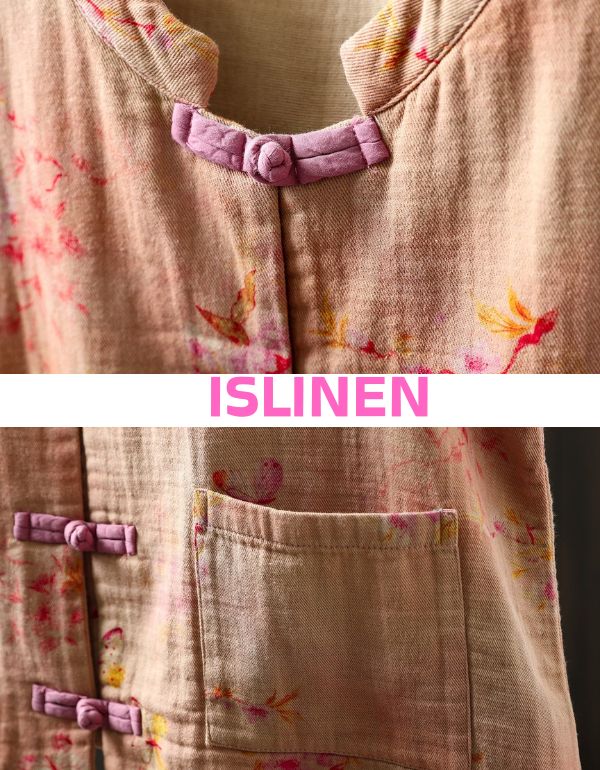 Breathable linen cotton sleeveless vest vintage style close-up