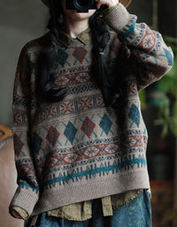 Women’s Vintage Geometric Pattern Oversized Knit Sweater