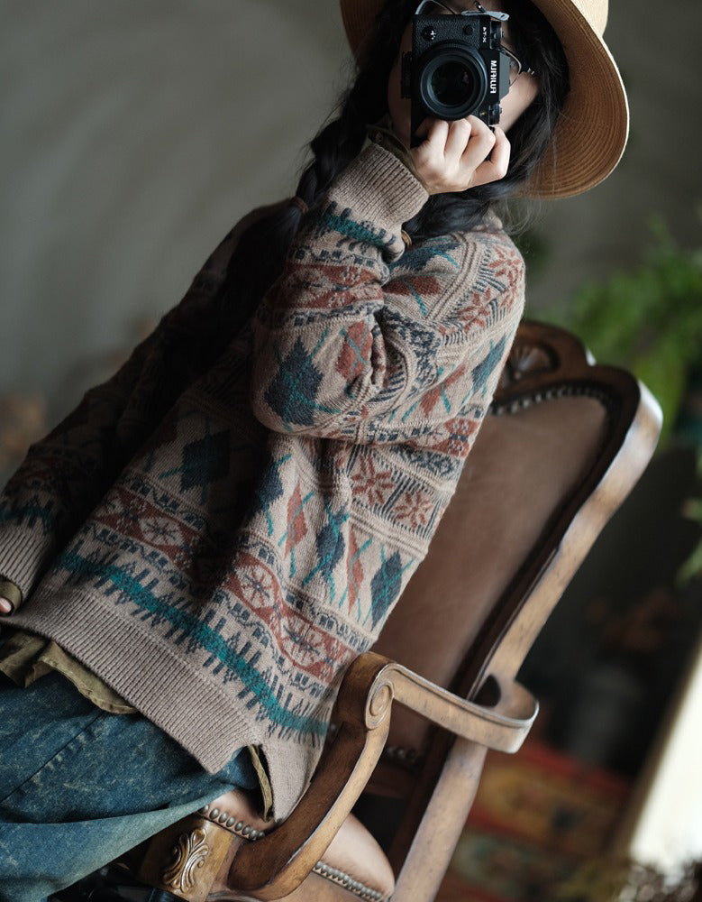 Women’s Vintage Geometric Pattern Oversized Knit Sweater