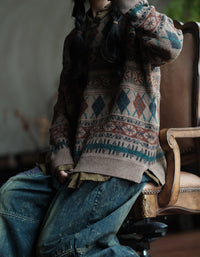 Women’s Vintage Geometric Pattern Oversized Knit Sweater