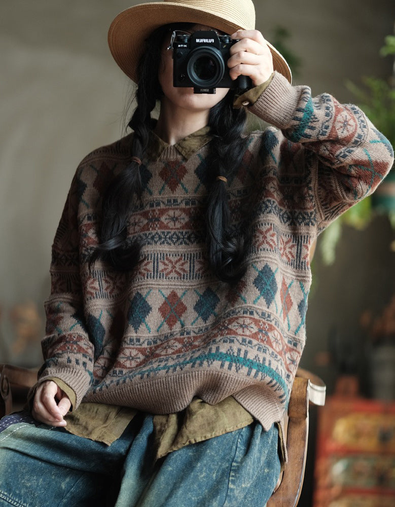 Women’s Vintage Geometric Pattern Oversized Knit Sweater