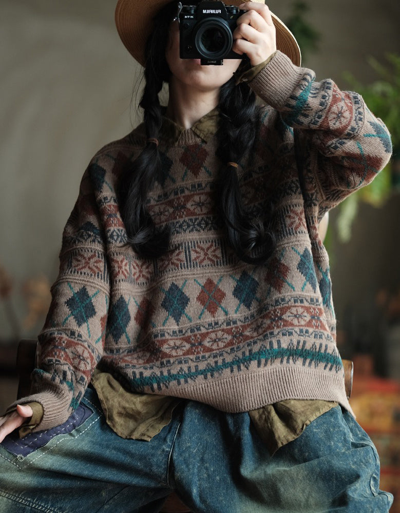Women’s Vintage Geometric Pattern Oversized Knit Sweater