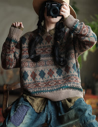 Women’s Vintage Geometric Pattern Oversized Knit Sweater