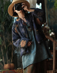 Women's Vintage Handmade Floral Indigo Cardigan Jacket