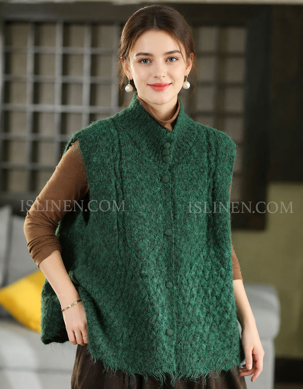Women's High Neck Textured Knit Button Front Vest