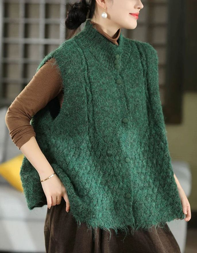 Women's High Neck Knit Vest with Covered Buttons