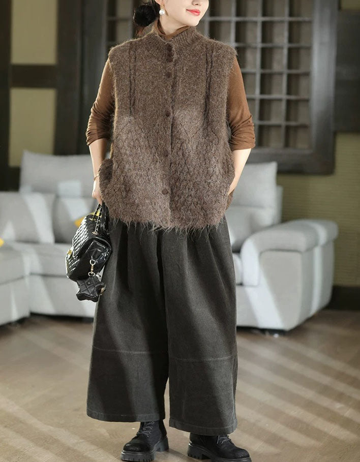 Women's High Neck Fuzzy Knit Sleeveless Vest