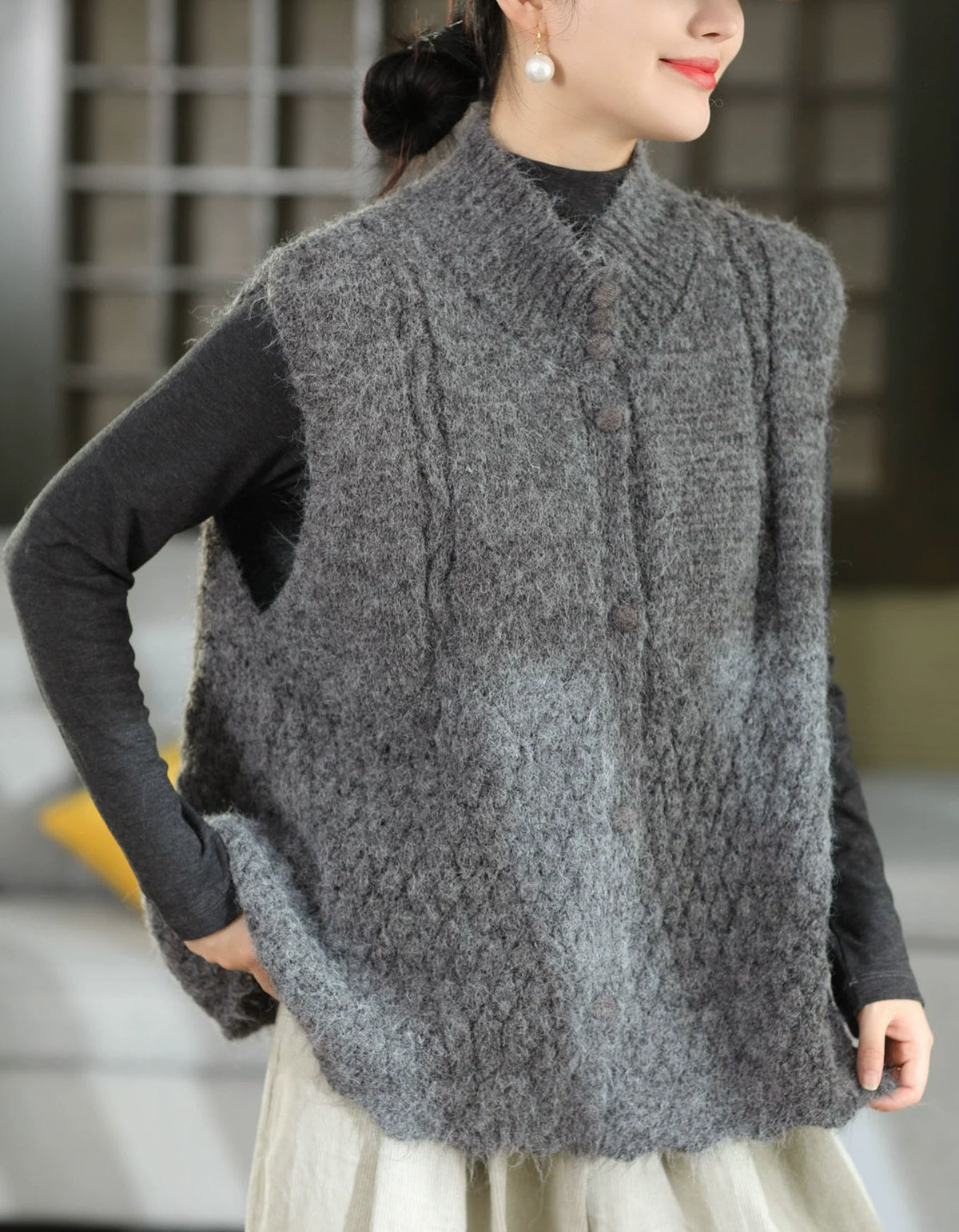Women's Vintage High Neck Textured Knit Vest