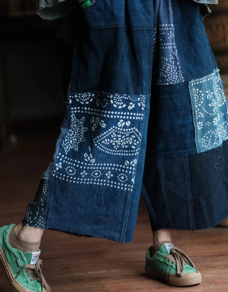 Women’s Ethnic Style Patchwork Denim Wide Leg Pants - Islinen