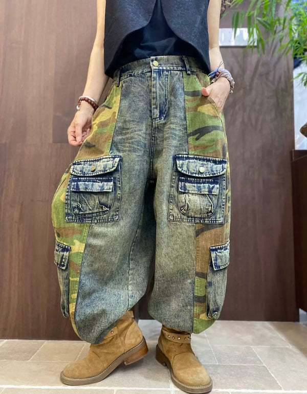 Women's Vintage Camo Patchwork Denim Cargo Pants