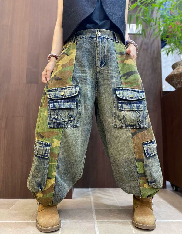 Women's Distressed Camo Patchwork Denim Cargo Pants