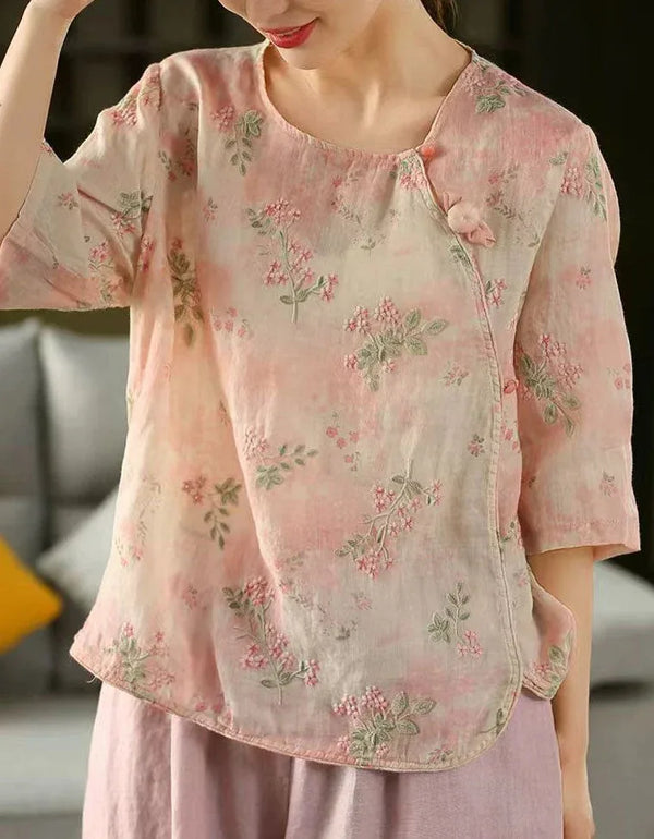 Women's Vintage Loose Casual Floral Embroidered Linen Shirt - Islinen