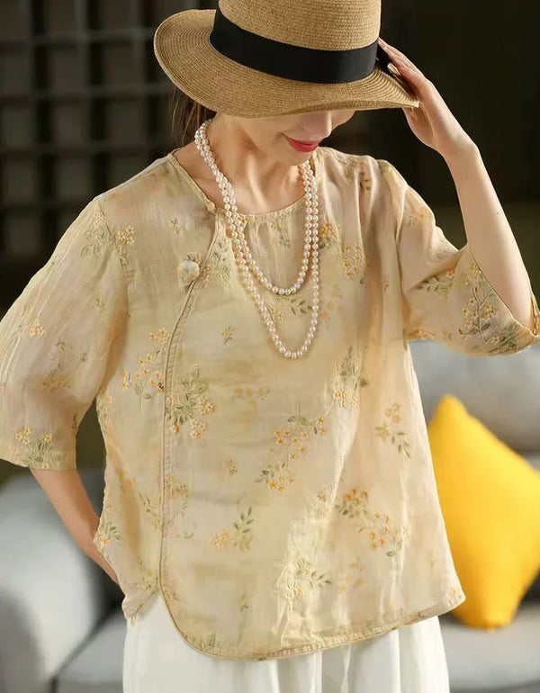 Women's Vintage Loose Casual Floral Embroidered Linen Shirt - Islinen