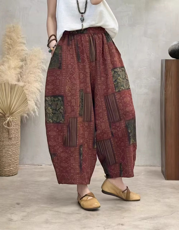 Women's Loose Casual Vintage Red Floral Pants