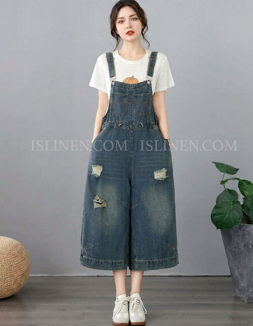 Women's Vintage Loose Distressed Baggy Denim Romper