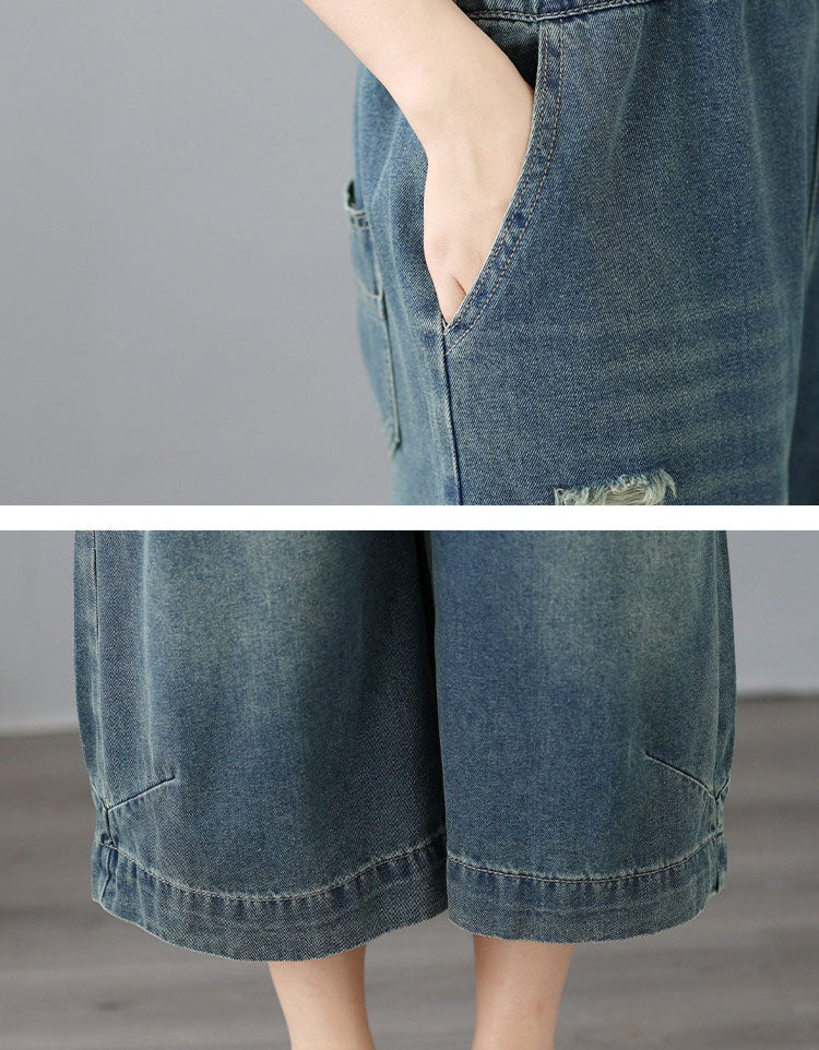 Women's Vintage Loose Distressed Baggy Denim Romper