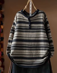 Women's Striped Fair Isle Button Neck Knit Sweater Top