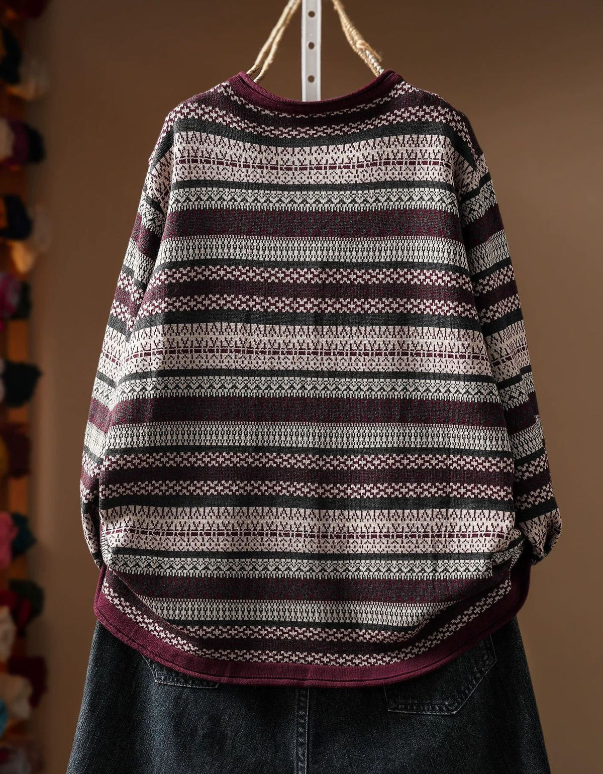 Women's striped Fair Isle knit sweater with button neck