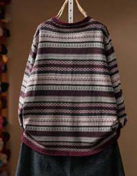 Women's striped Fair Isle knit sweater with button neck