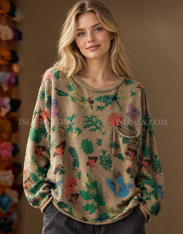 Women’s vintage beige floral print knit sweater with crew neck and long sleeves
