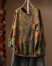 Women’s vintage brown floral print knit sweater with crew neck and long sleeves