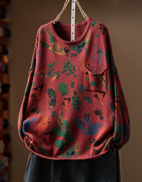 Women’s vintage red floral print knit sweater with crew neck and long sleeves