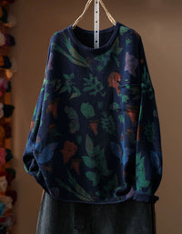 Women’s vintage navy floral print knit sweater with crew neck and long sleeves