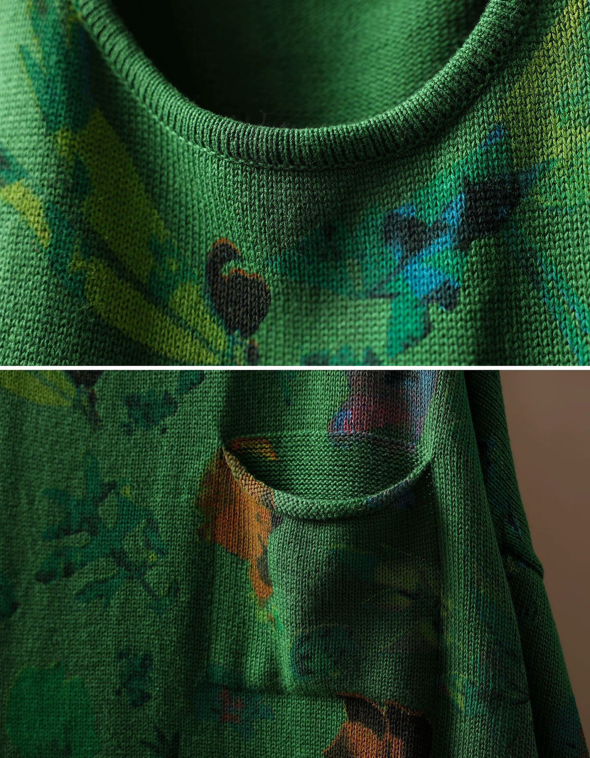 Close-up of colorful botanical floral patterns on a beige women’s knit sweater