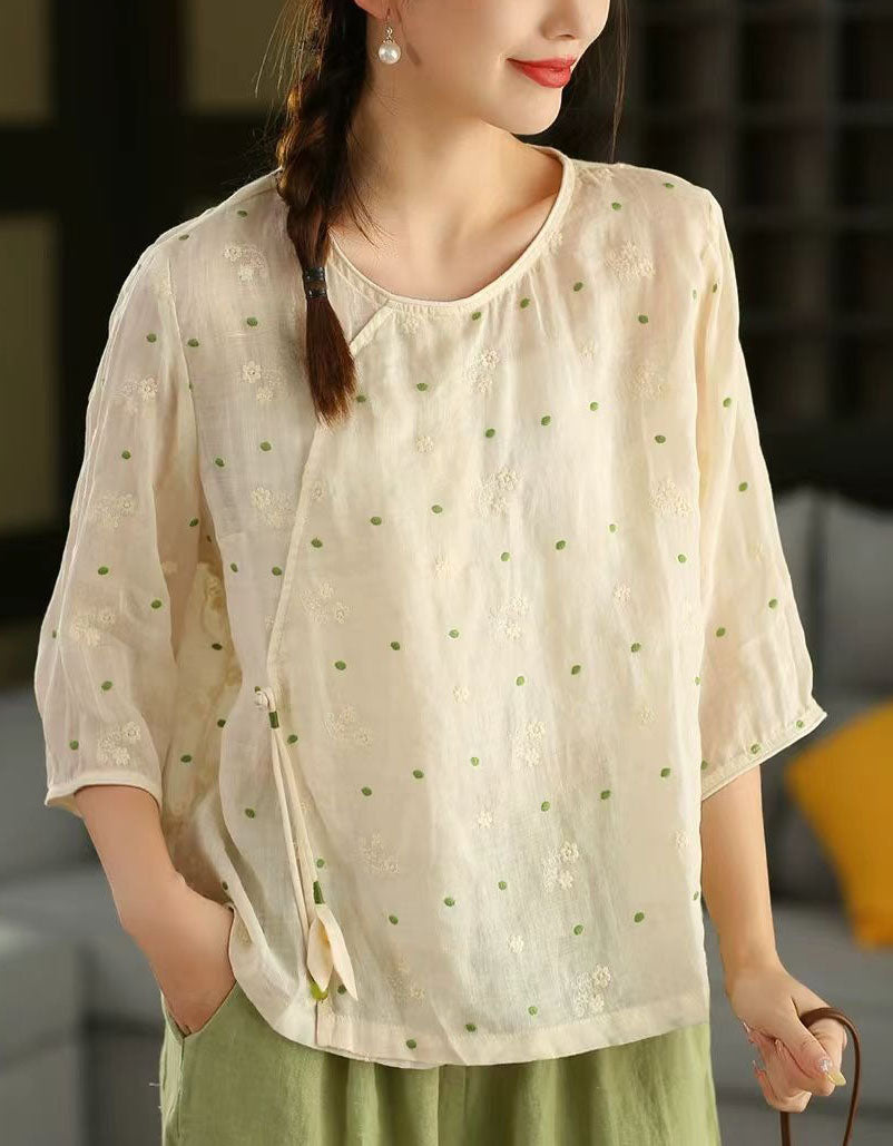 Women’s lightweight linen blouse in cream color, loose fit breathable casual summer top