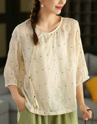 Women’s lightweight linen blouse in cream color, loose fit breathable casual summer top
