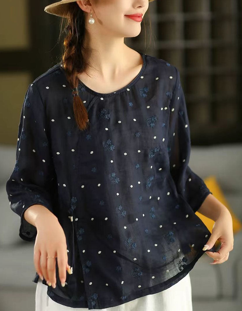 Women’s navy blue linen blouse with relaxed fit, breathable fabric casual everyday top