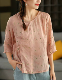 Women’s peach linen blouse with loose fit, lightweight breathable casual summer top