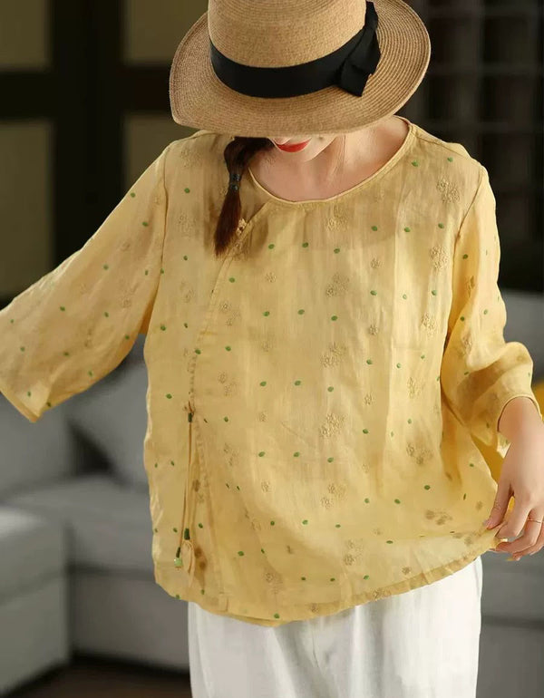 Women’s yellow linen blouse styled casually, breathable loose fit top for summer outfits