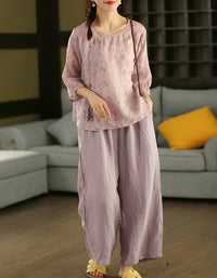 Women’s pink linen blouse and pants set, breathable relaxed fit outfit for everyday wear