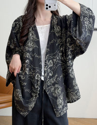 Women’s Black Floral Kimono – Boho Open Front Lightweight Cover Up