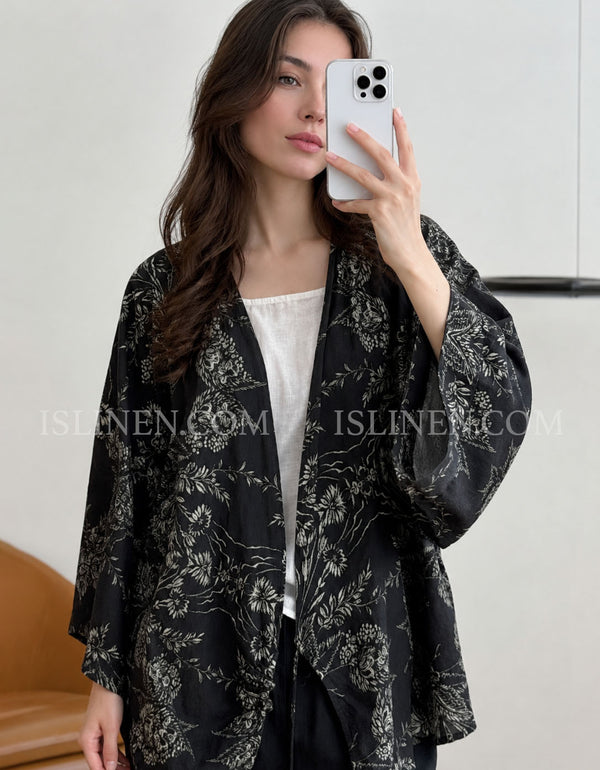 Women's black floral kimono with vintage boho print and open front