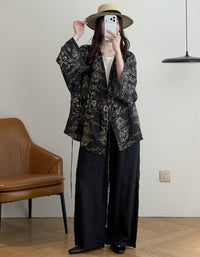 Women's loose open front boho kimono with botanical floral pattern