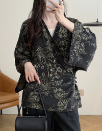 Black Floral Kimono for Women – Vintage Boho Open Front Jacket