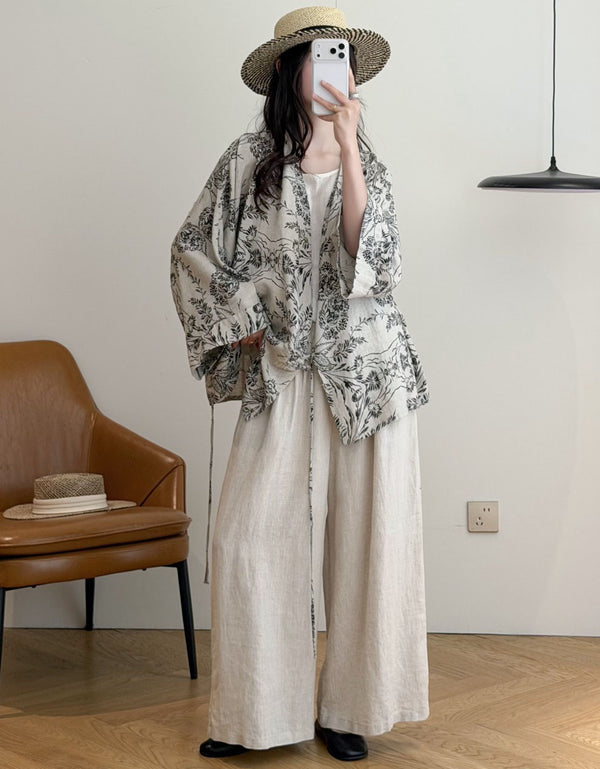 Women's black floral print kimono with wide loose sleeves