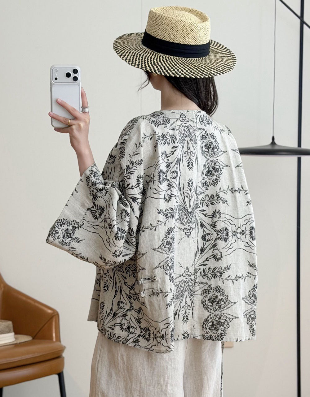 Women’s Black Boho Kimono – Floral Print Open Front Cover Up