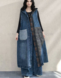 Full view of women’s hooded patchwork denim vest with plaid design