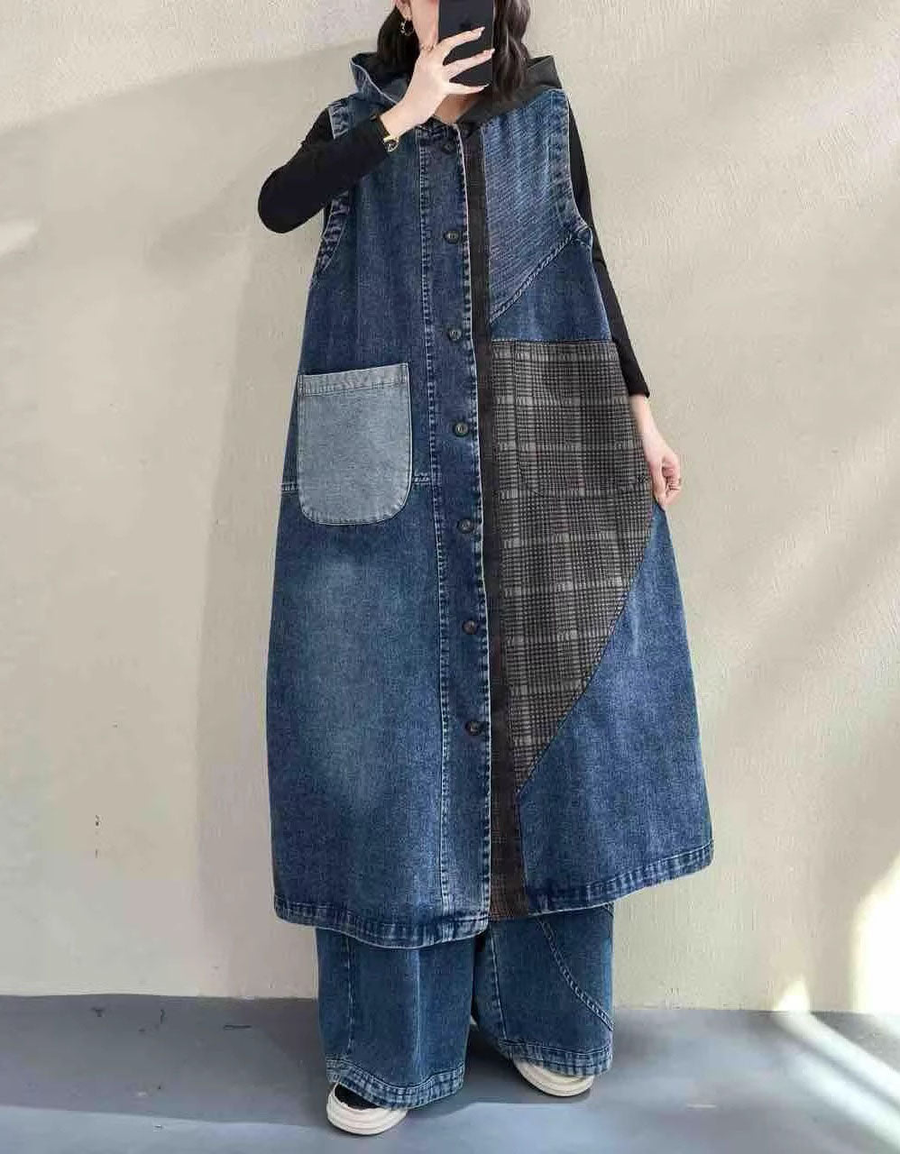 Casual and trendy hooded vest for women featuring denim and plaid front view