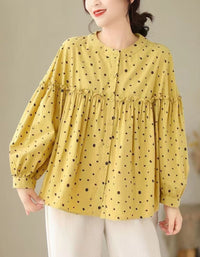 Yellow Polka Dot Blouse for Women – Ruffle Detail Button Front Top