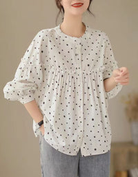 Vintage Polka Dot Blouse for Women –  White Ruffle Button Front Top
