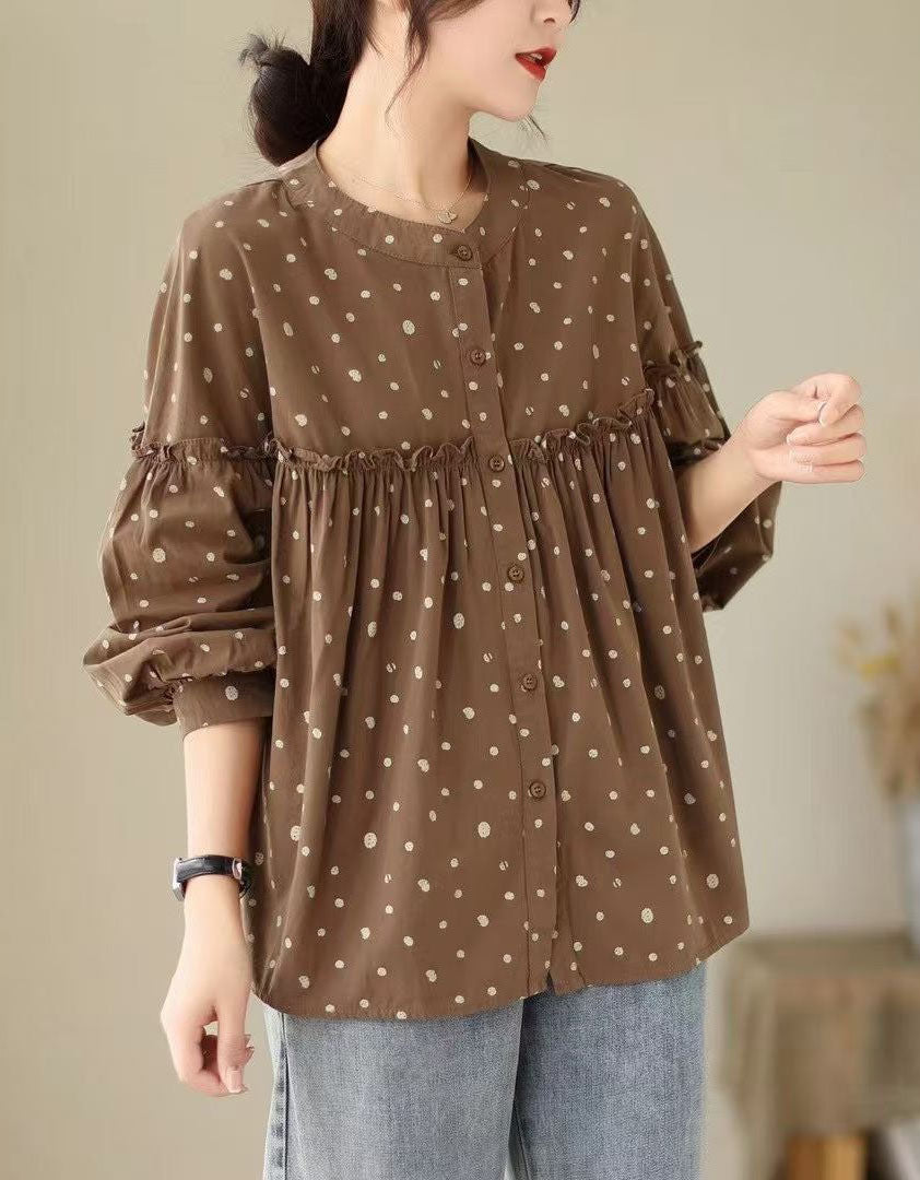 Women’s Coffee Polka Dot Shirt – Loose Ruffle Button Front Blouse