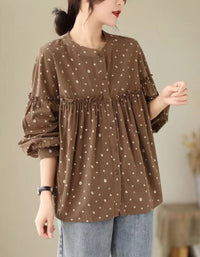 Women’s Coffee Polka Dot Shirt – Loose Ruffle Button Front Blouse